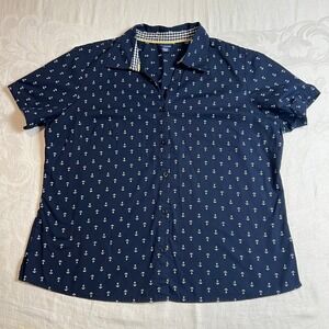 Nautical Anchor Print Shirt Womens XL Navy Short‎ Sleeve Button Up Coastal